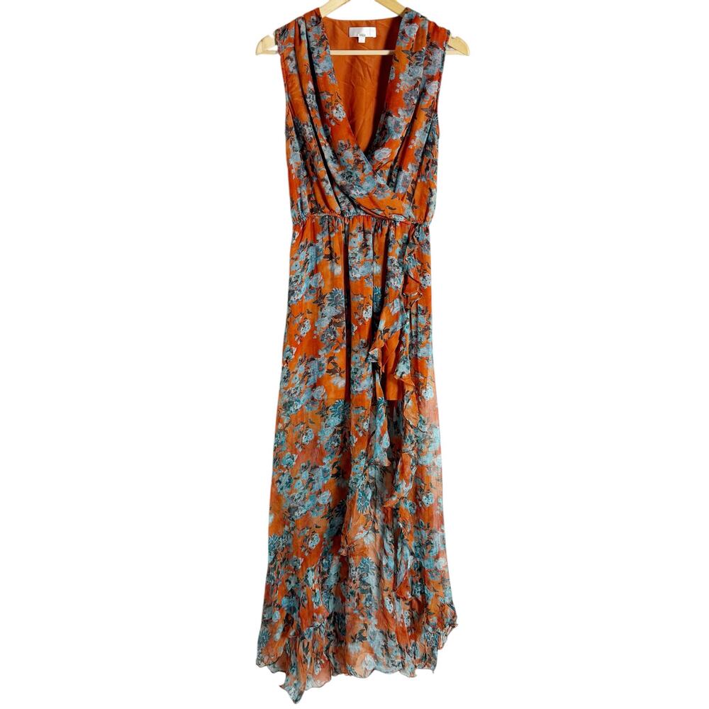 Caroline Constas Vivian Rust Orange Floral Asymmetric Hi-Low Sleeveless Gown S
